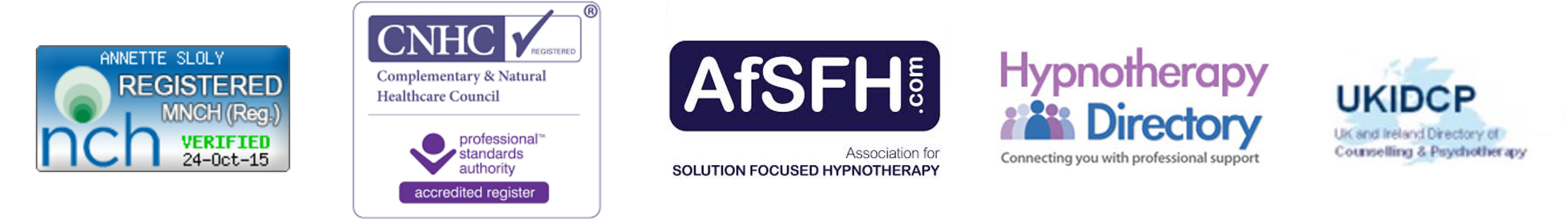Annette Sloly professional accreditation logos